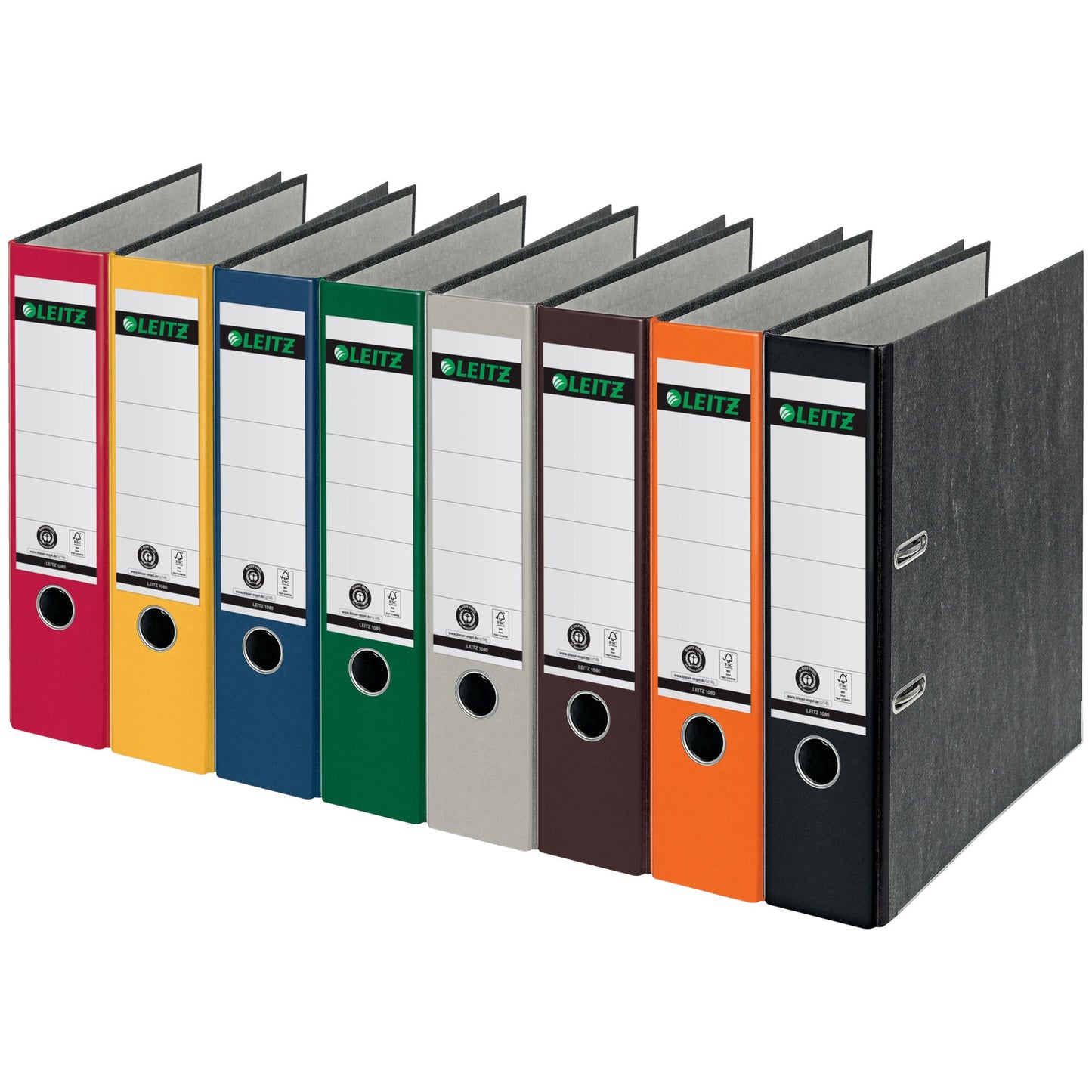 Leitz Ordner 80mm DIN A4 Rückenschild: geklebt mit Schlitzen Werkstoff: Graupappe, recycelt Material außen: Papier, recycelt Material innen: Papier, recycelt orange