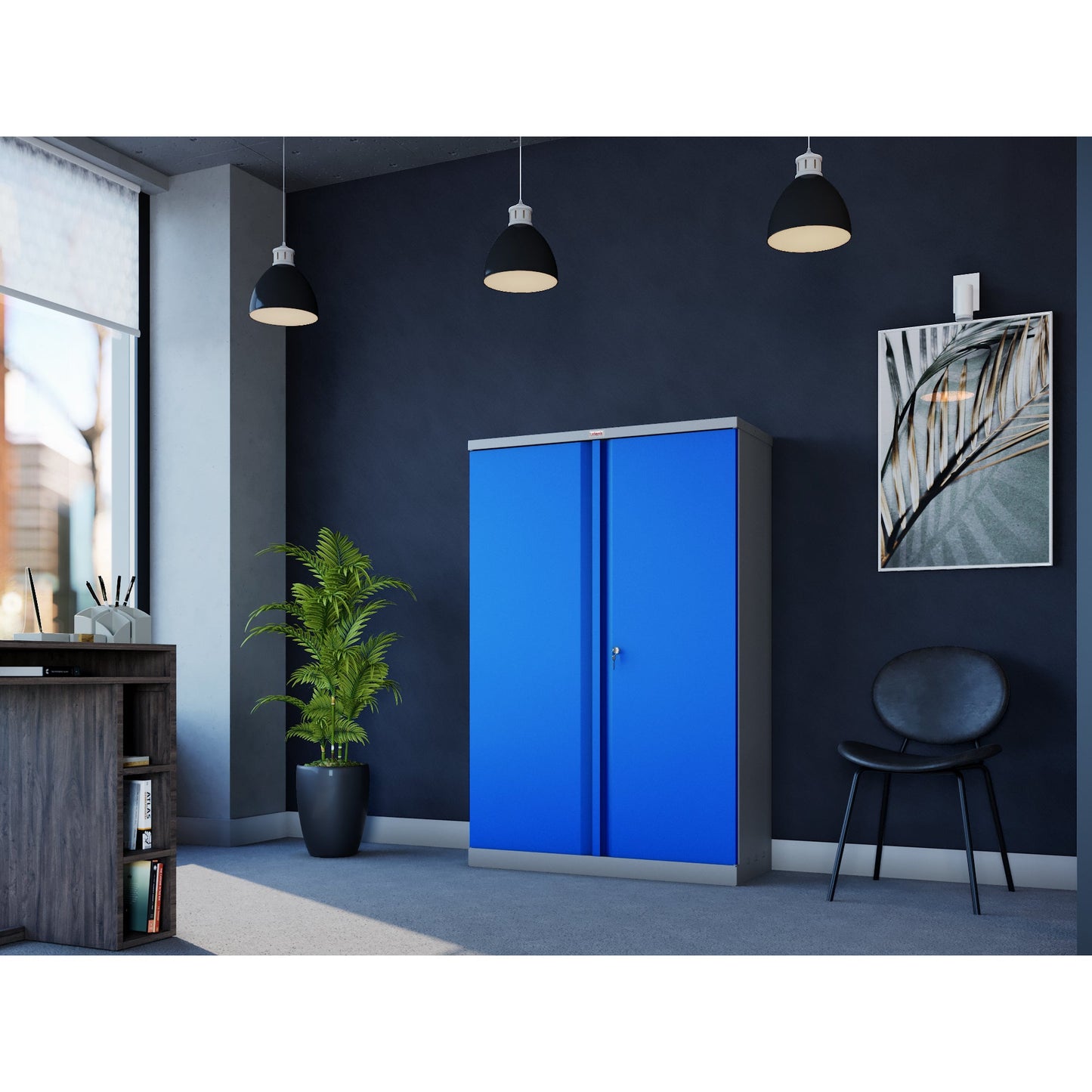 Phoenix Flügeltürenschrank 915 x 1.400 x 370 mm (B x H x T) 3 Fachböden Stahl, pulverbeschichtet Farbe der Front: blau Farbe des Korpus: grau