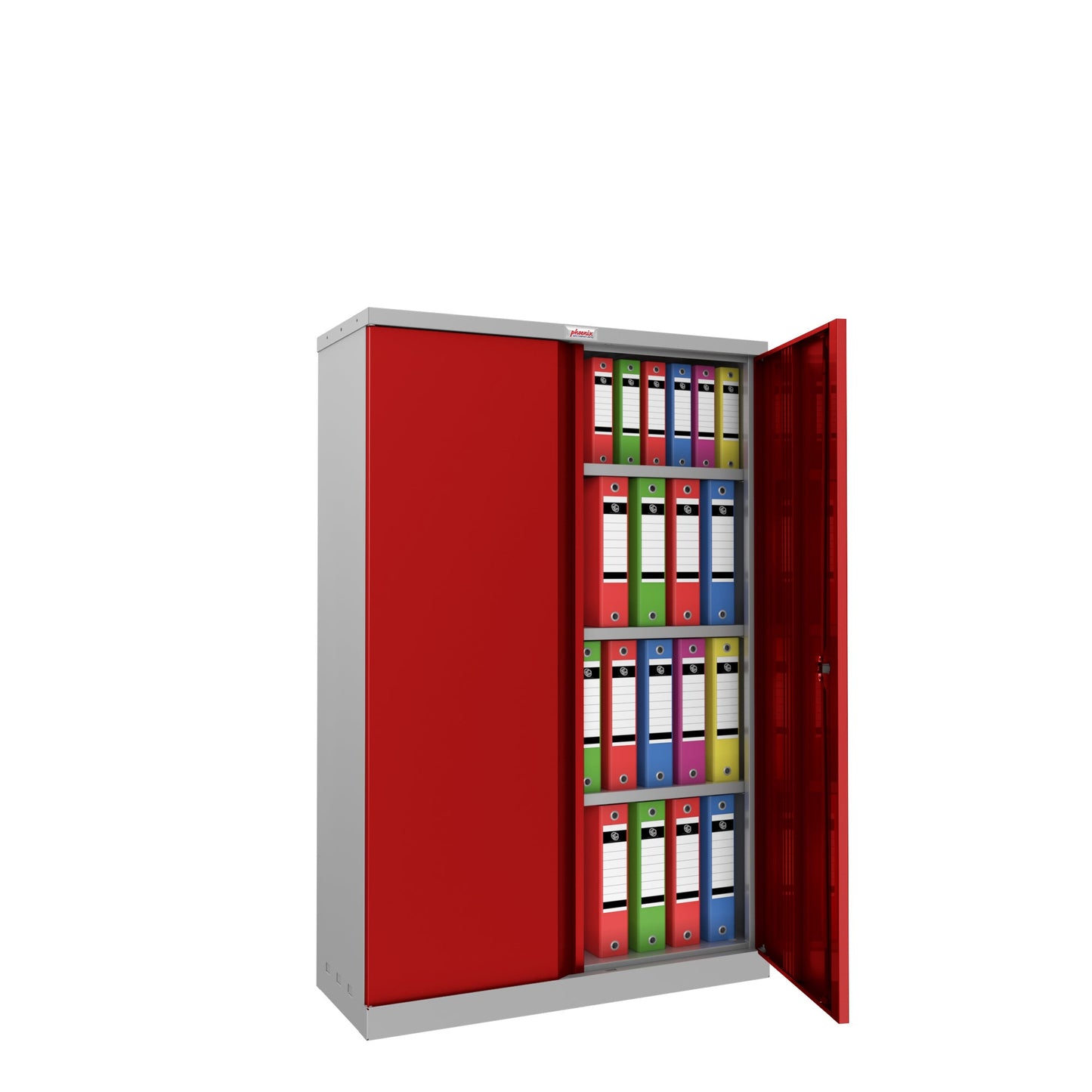 Phoenix Flügeltürenschrank 915 x 1.400 x 370 mm (B x H x T) 3 Fachböden Stahl, pulverbeschichtet Farbe der Front: rot Farbe des Korpus: grau