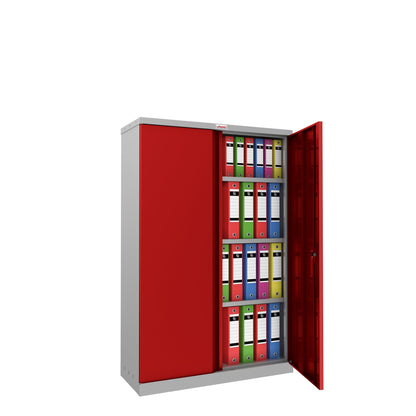 Phoenix Flügeltürenschrank 915 x 1.400 x 370 mm (B x H x T) 3 Fachböden Stahl, pulverbeschichtet Farbe der Front: rot Farbe des Korpus: grau
