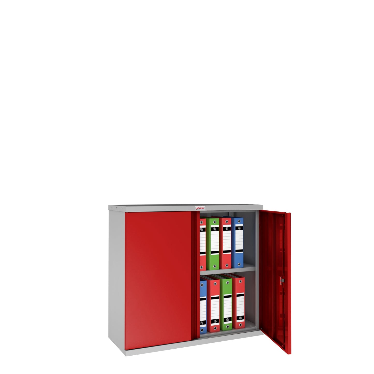 Phoenix Flügeltürenschrank 915 x 830 x 370 mm (B x H x T) 1 Fachboden Stahl, pulverbeschichtet Farbe der Front: rot Farbe des Korpus: grau