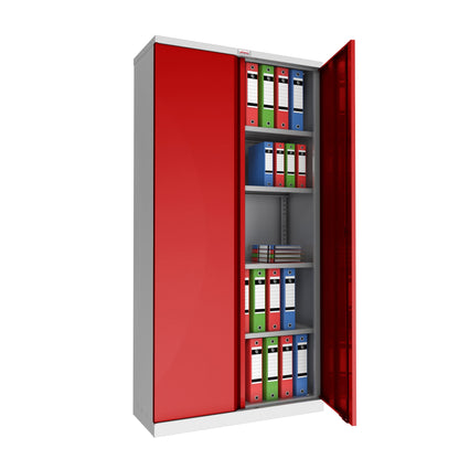 Phoenix Flügeltürenschrank 915 x 1.830 x 370 mm (B x H x T) 4 Fachböden Stahl, pulverbeschichtet Farbe der Front: rot Farbe des Korpus: grau
