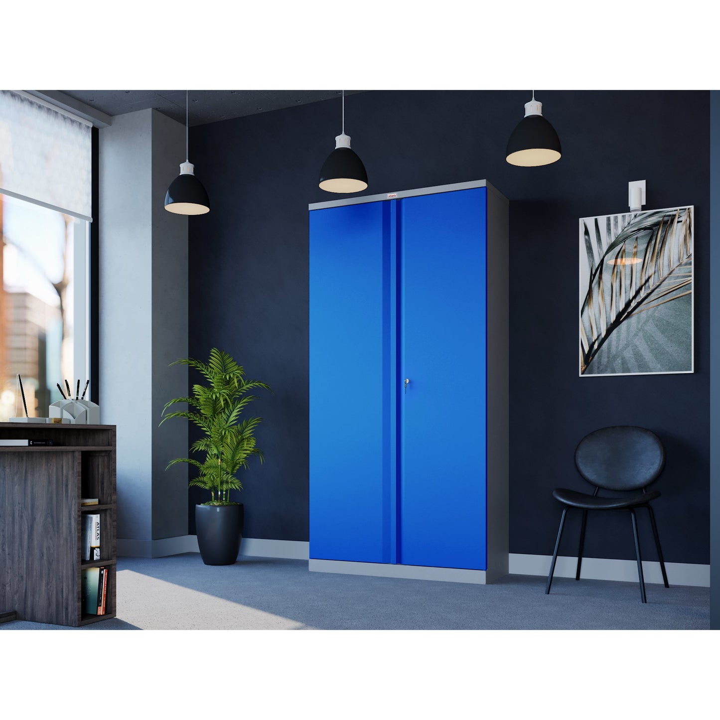 Phoenix Flügeltürenschrank 915 x 1.830 x 370 mm (B x H x T) 4 Fachböden Stahl, pulverbeschichtet Farbe der Front: blau Farbe des Korpus: grau