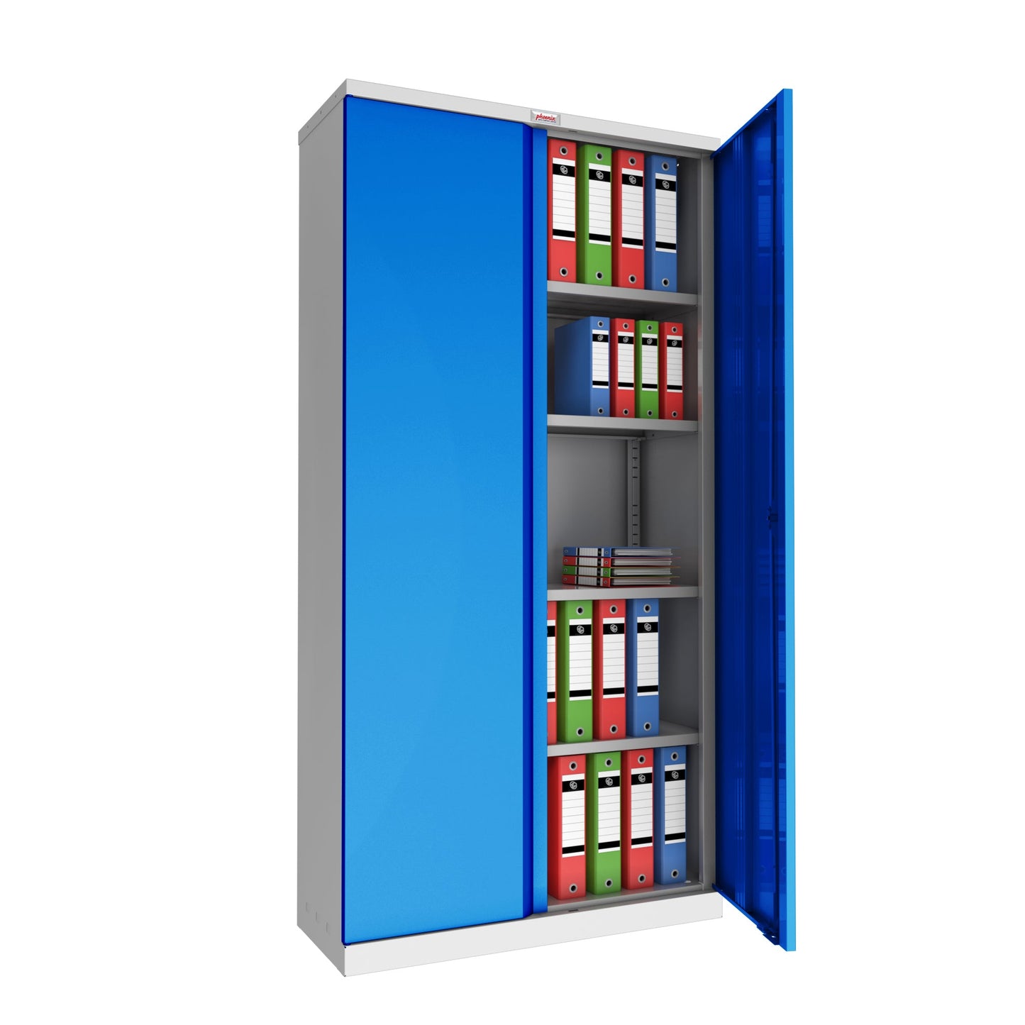 Phoenix Flügeltürenschrank 915 x 1.830 x 370 mm (B x H x T) 4 Fachböden Stahl, pulverbeschichtet Farbe der Front: blau Farbe des Korpus: grau