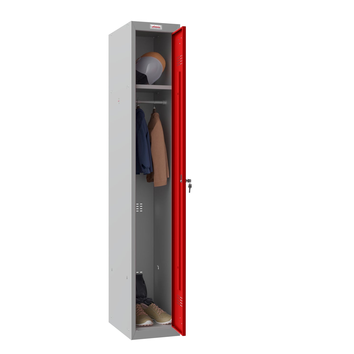 Phoenix Kleiderspind Personal Locker 300 x 1.830 x 500 mm (B x H x T) 1 Abteil Stahl, pulverbeschichtet Farbe der Front: rot Farbe des Korpus: grau