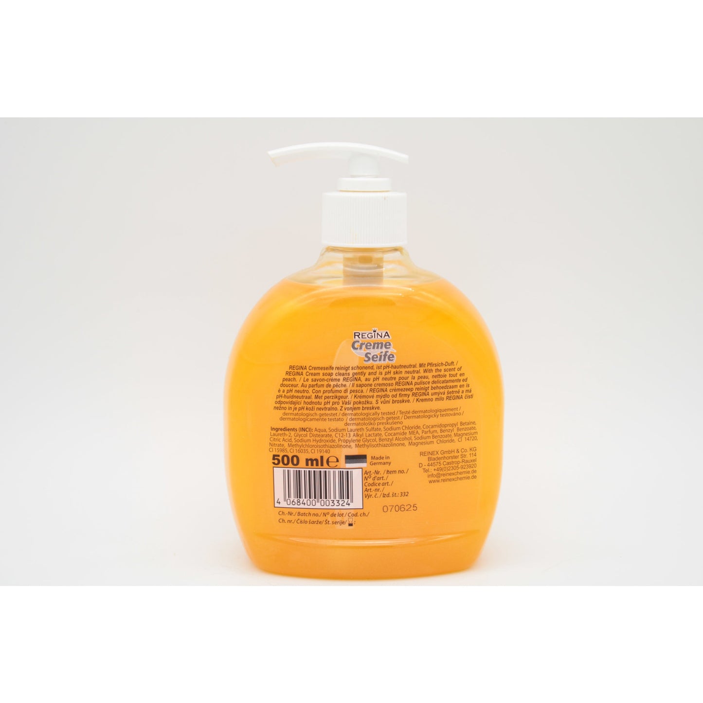 Regina Flüssigseife Pfirsich Ausführung des Behälters: Pumpflasche Material des Behälters: Kunststoff 0,5l