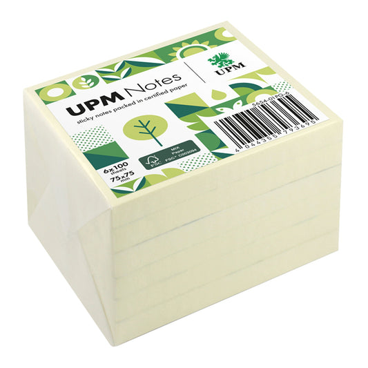UPM Notes Haftnotiz 75 x 75 mm (B x H) gelb 100 Bl./Block 6 Block/Pack.