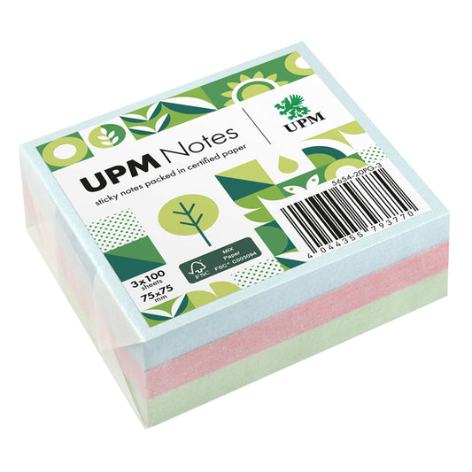 UPM Notes Haftnotiz Pastell 75 x 75 mm (B x H) hellblau, rosa, hellgrün 100 Bl./Block 3 Block/Pack.