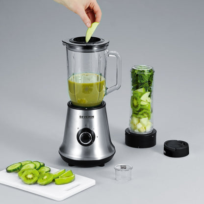 SEVERIN Standmixer SM 3737 Trinkbehälter, Deckel, Messeraufsatz Edelstahl, 3-flügelig Mixbehälter: 1.000 ml, Smoothie-Maker: 600ml 500W schwarz/silber