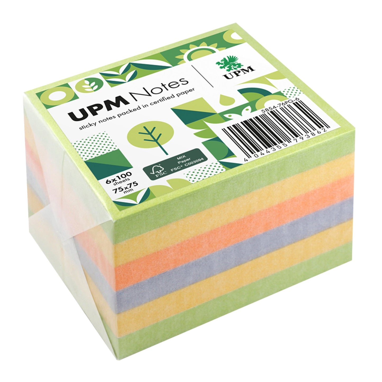 UPM Notes Haftnotiz Spring 75 x 75 mm (B x H) je 2 x limonengrün, je 1 x rapsgelb, orange, violett 100 Bl./Pack. 6 Block/Pack.