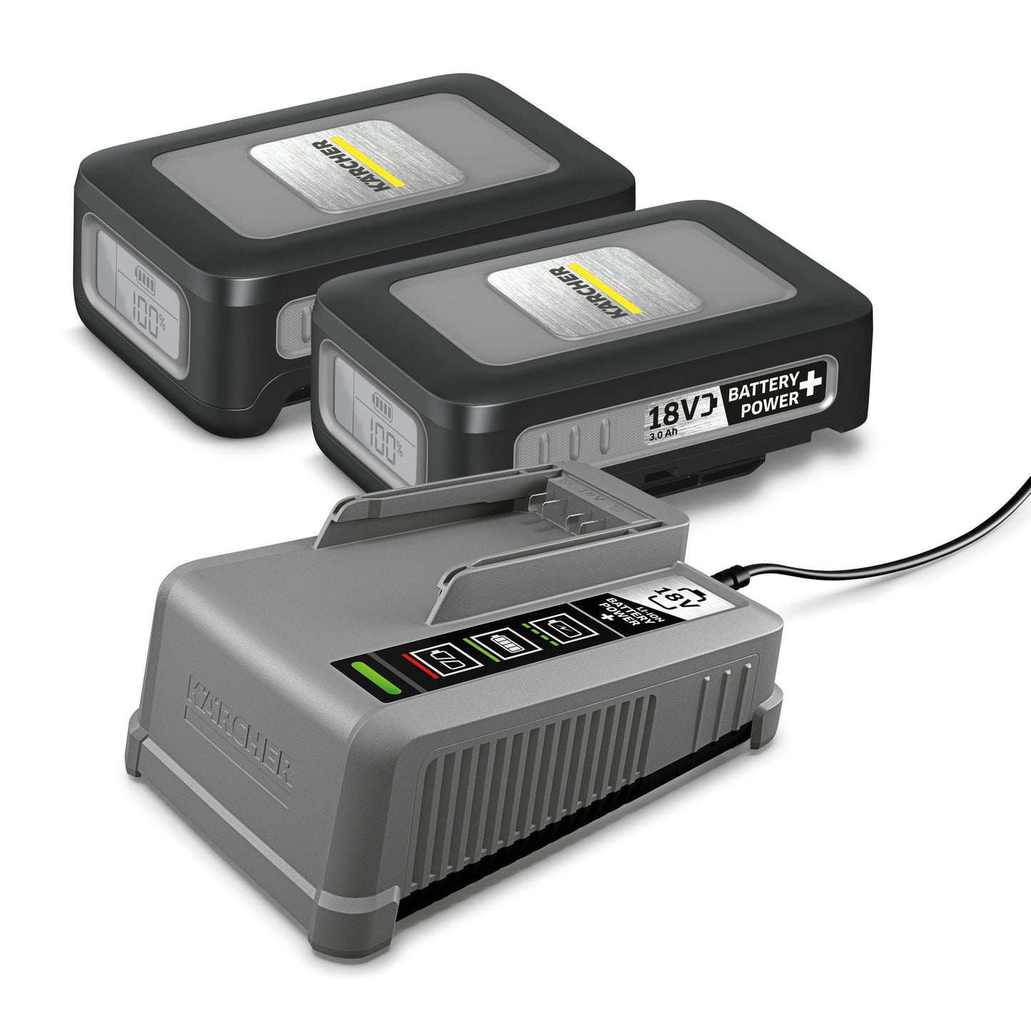 Kärcher Akkuladegerät Starter Kit Battery Power+ 18/30 2 x 18 V / 3,0Ah Battery Power+ Akku 18 V Kärcher Battery Power+/-Wechselakkus 80 %: 1h 100-240V 50-60Hz