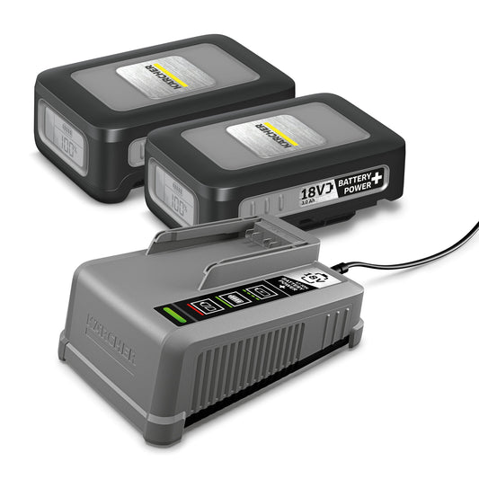 Kärcher Akkuladegerät Starter Kit Battery Power+ 18/30 2 x 18 V / 3,0Ah Battery Power+ Akku 18 V Kärcher Battery Power+/-Wechselakkus 80 %: 1h 100-240V 50-60Hz