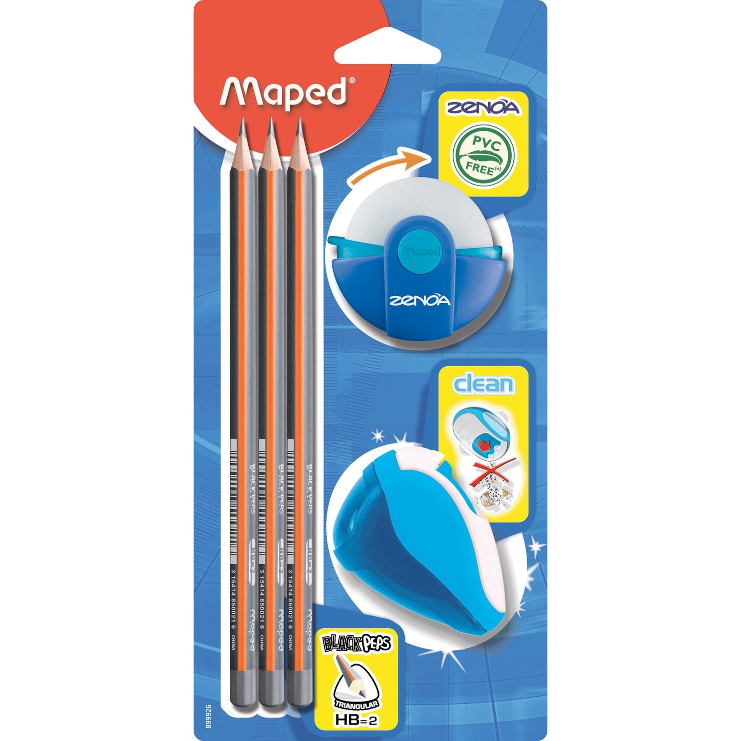 Maped Bleistiftset Black'Peps 3 x Bleistifte, 1 x Radierer Zenoa, 1 x DosenspitzerClean HB farbig sortiert (freie Farbauswahl nicht möglich)