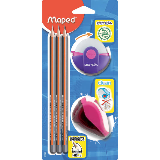 Maped Bleistiftset Black'Peps 3 x Bleistifte, 1 x Radierer Zenoa, 1 x DosenspitzerClean HB farbig sortiert (freie Farbauswahl nicht möglich)