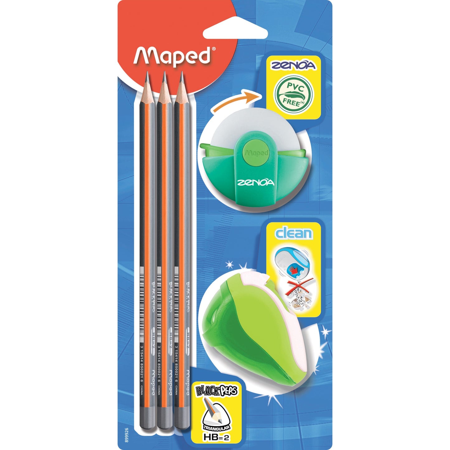 Maped Bleistiftset Black'Peps 3 x Bleistifte, 1 x Radierer Zenoa, 1 x DosenspitzerClean HB farbig sortiert (freie Farbauswahl nicht möglich)
