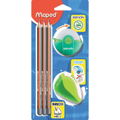 Maped Bleistiftset Black'Peps 3 x Bleistifte, 1 x Radierer Zenoa, 1 x DosenspitzerClean HB farbig sortiert (freie Farbauswahl nicht möglich)