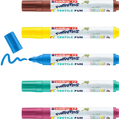 edding Textilmarker 17 FUNTASTICS 2-3mm gelb, braun, hellblau, karminrot, blassgrün Rundspitze 5 St./Pack.
