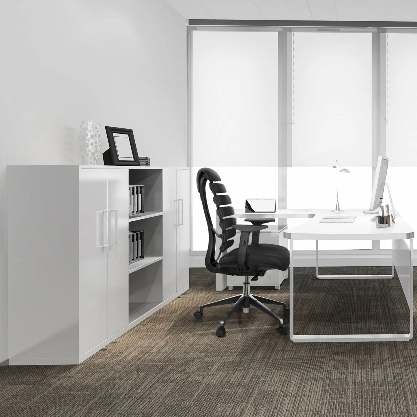 hjh OFFICE Bürodrehstuhl ERGO LINE II 45-55cm Synchronmechanik Rolle hart gebremst (für Teppichboden) Aluminium schwarz