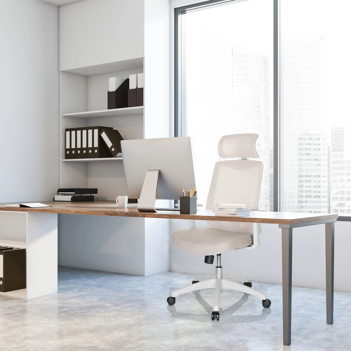 hjh OFFICE Bürodrehstuhl MIKEO W 43-48cm Synchronmechanik Rolle universell (für Hart- und Teppichböden) Kunststoff beige
