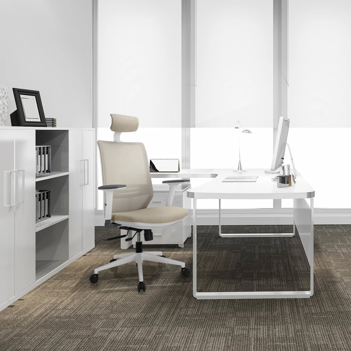 hjh OFFICE Bürodrehstuhl PROFONDO PRO W 45-55cm Synchronmechanik Rolle universell (für Hart- und Teppichböden) Kunststoff beige