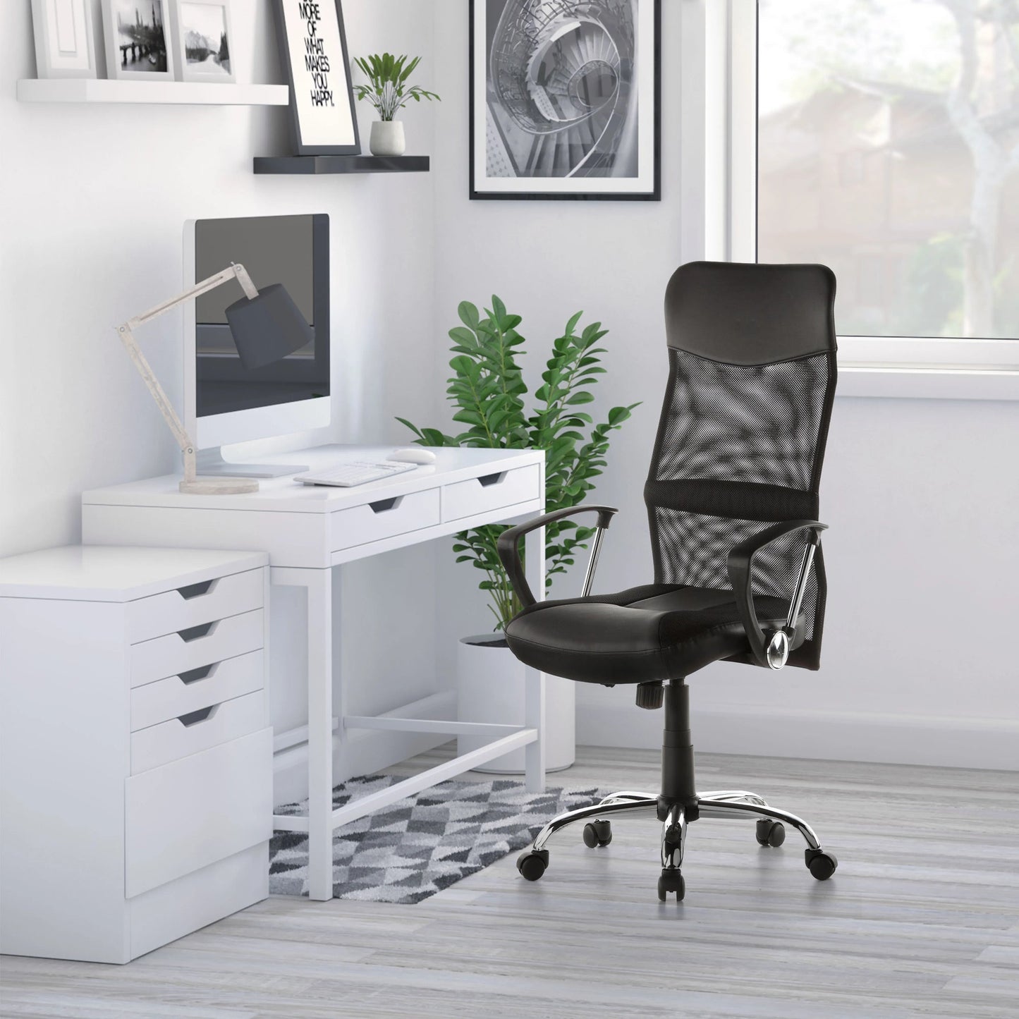 hjh OFFICE Chefsessel ARTON 20 47-57cm Wippmechanik mit Armlehnen Rolle hart gebremst (für Teppichboden) Metall, verchromt schwarz