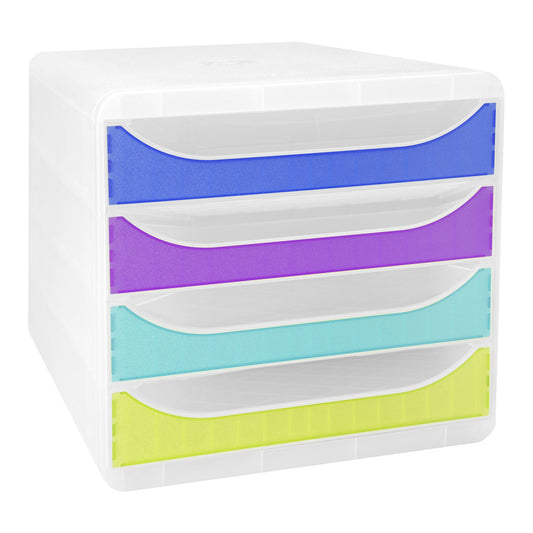 Exacompta Schubladenbox BIG-BOX 4 Schubladen DIN A4, Überbreite Polystyrol Gehäusefarbe: transluzent Farbe der Schublade: mehrfarbig