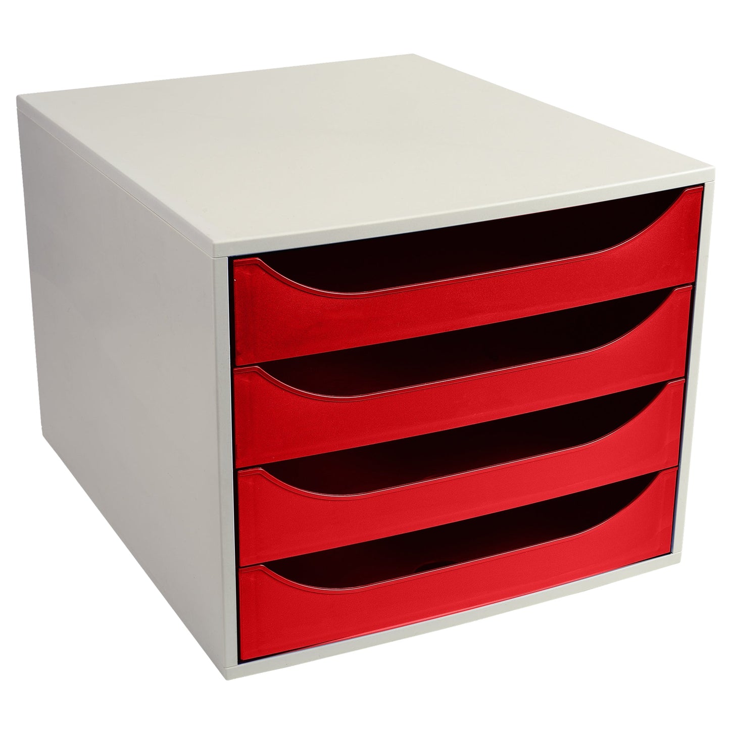 Exacompta Schubladenbox ECOBOX 4 Schubladen DIN A4, Überbreite Polystyrol Gehäusefarbe: grau Farbe der Schublade: rot
