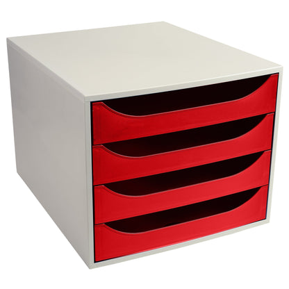 Exacompta Schubladenbox ECOBOX 4 Schubladen DIN A4, Überbreite Polystyrol Gehäusefarbe: grau Farbe der Schublade: rot