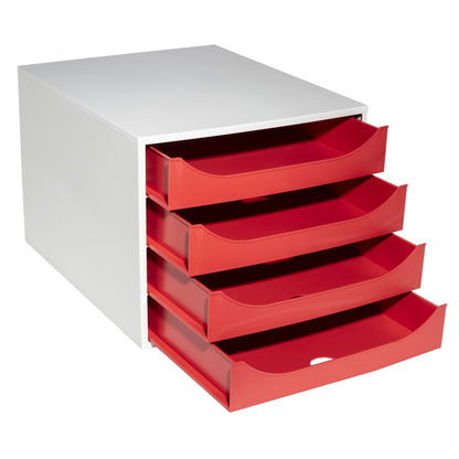 Exacompta Schubladenbox ECOBOX 4 Schubladen DIN A4, Überbreite Polystyrol Gehäusefarbe: grau Farbe der Schublade: rot