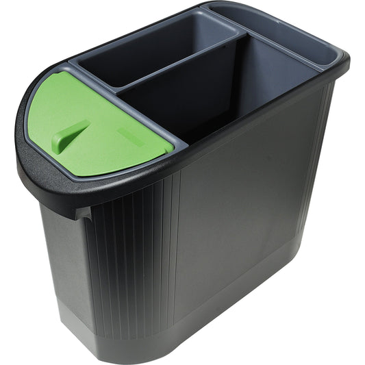 Exacompta Papierkorb TOPLINE 24 x 36,5 x 48 cm (B x H x T) Polypropylen, 80 % recycelt Farbe: schwarz/grau Farbe des Deckels: grün 3 Sortierfächer