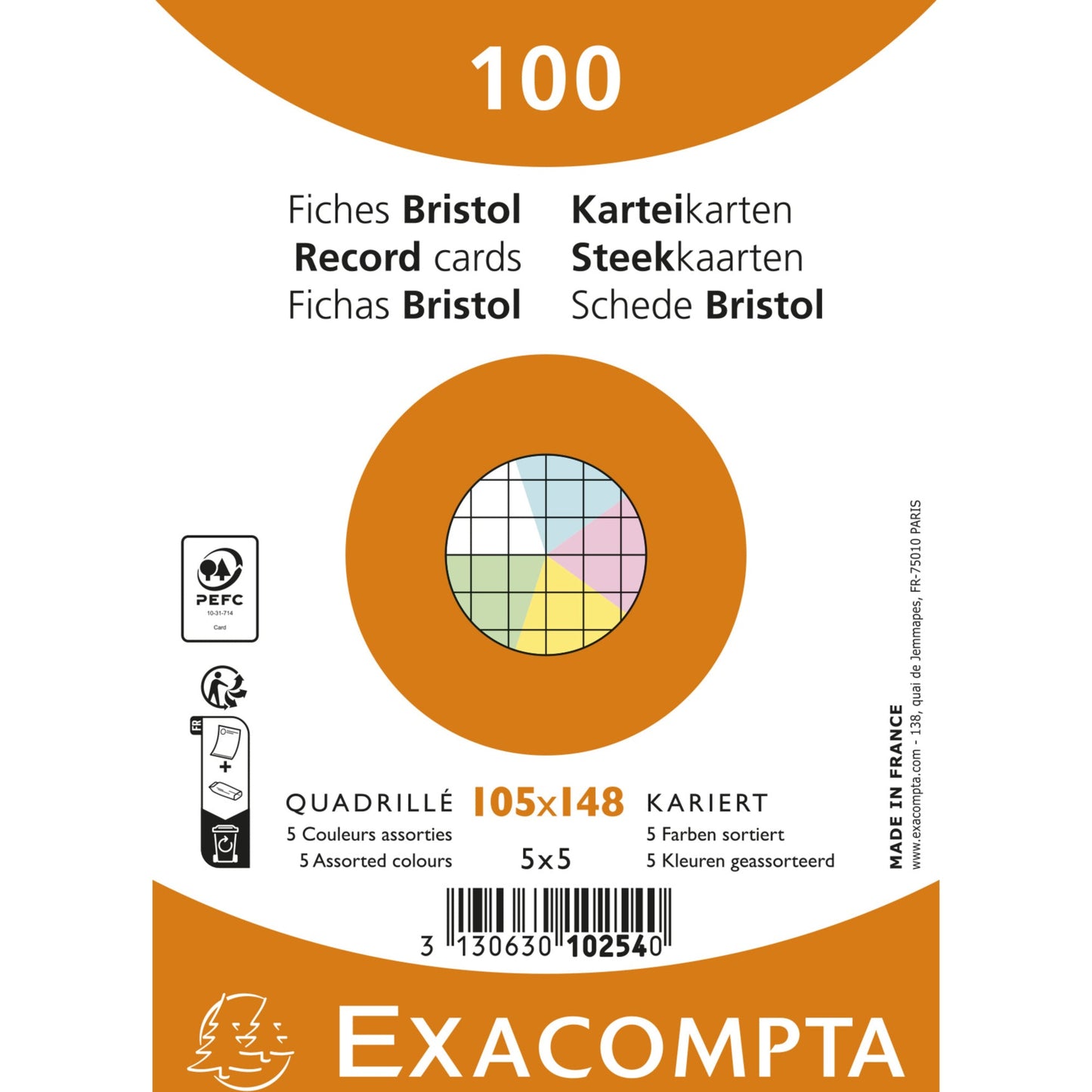 Exacompta Karteikarte DIN A6 kariert je 20 x blau, gelb, grün, rosa, weiß 100 St./Pack.