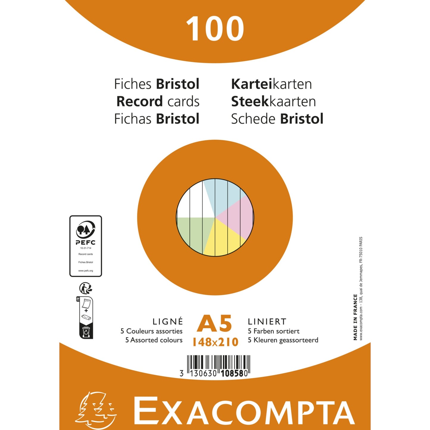 Exacompta Karteikarte DIN A5 liniert je 20 x blau, gelb, grün, rosa, weiß 100 St./Pack.