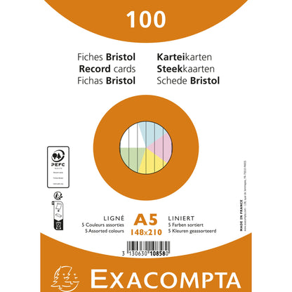 Exacompta Karteikarte DIN A5 liniert je 20 x blau, gelb, grün, rosa, weiß 100 St./Pack.