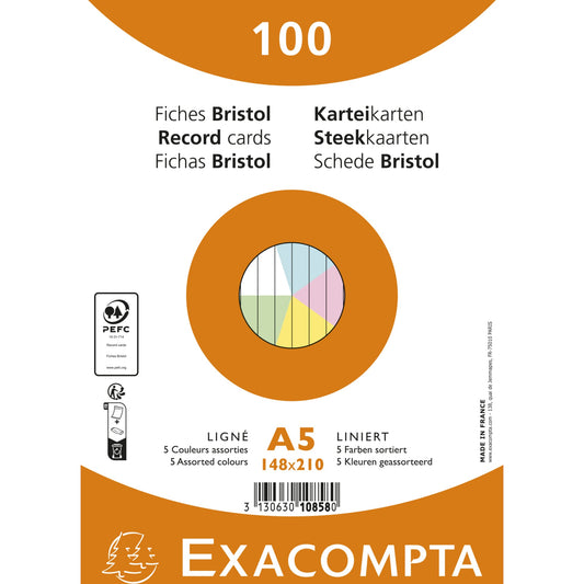 Exacompta Karteikarte DIN A5 liniert je 20 x blau, gelb, grün, rosa, weiß 100 St./Pack.