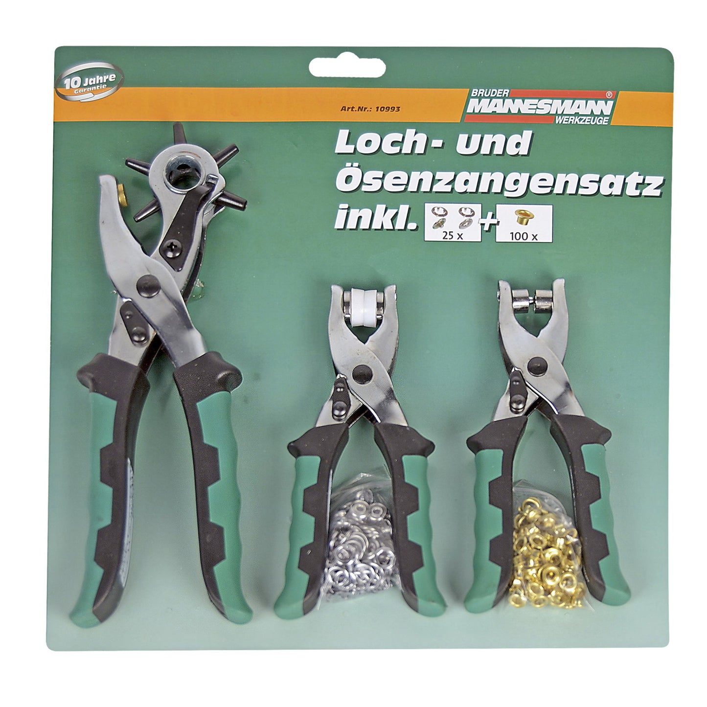 BRÜDER MANNESMANN Zangen-Set Lochzange 3 Teile 2 x Ösenzange, 125 Ösen (Ø außen 9,7 mm) grün/schwarz