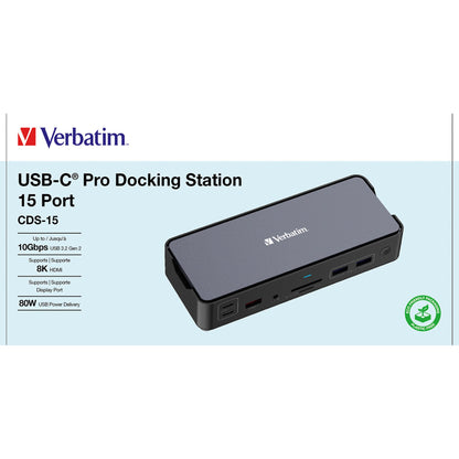 Verbatim Dockingstation CDS-15 16,8 x 3,3 x 6,9 cm (B x H x T) USB-C 1 x USB-A 2.0, 3 x USB-A 3.2 (Gen 1/2), 2 x USB-C 3.2 (Gen 2), 1 x USB-C (PowerDelivery, 100 W), 2 x HDMI, 1 x DisplayPort 1.4, 1 x RJ45 Gigabit, 1 x USB-C Host, 1 x 3,5 mm Klinkenbuchse