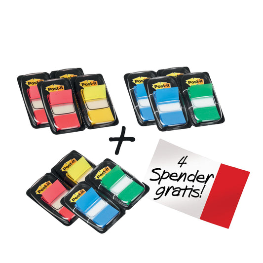 Post-it® Haftstreifen Index Standard Promotion 43,2 x 25,4 mm (B x H) inkl. 4 x 50 Bl. Post-it® Index Standard gratis rot, gelb, blau, grün 50 Bl./Block 12 Block/Pack.
