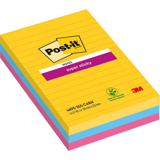 Post-it® Haftnotiz Super Sticky Notes Carnival Collection 101 x 152 mm (B x H) ultragelb, paradiseblau, powerpink 90 Bl./Block 3 Block/Pack.