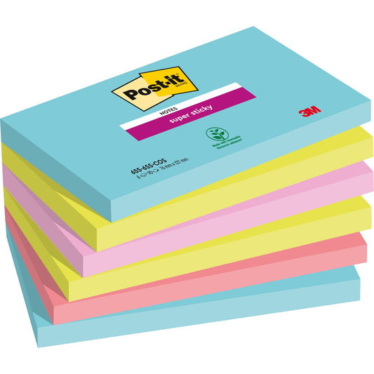 Post-it® Haftnotiz Super Sticky Notes Cosmic Collection 127 x 76 mm (B x H) türkis, neongrün, tropicalpink, guavapink 90 Bl./Block 6 Block/Pack.