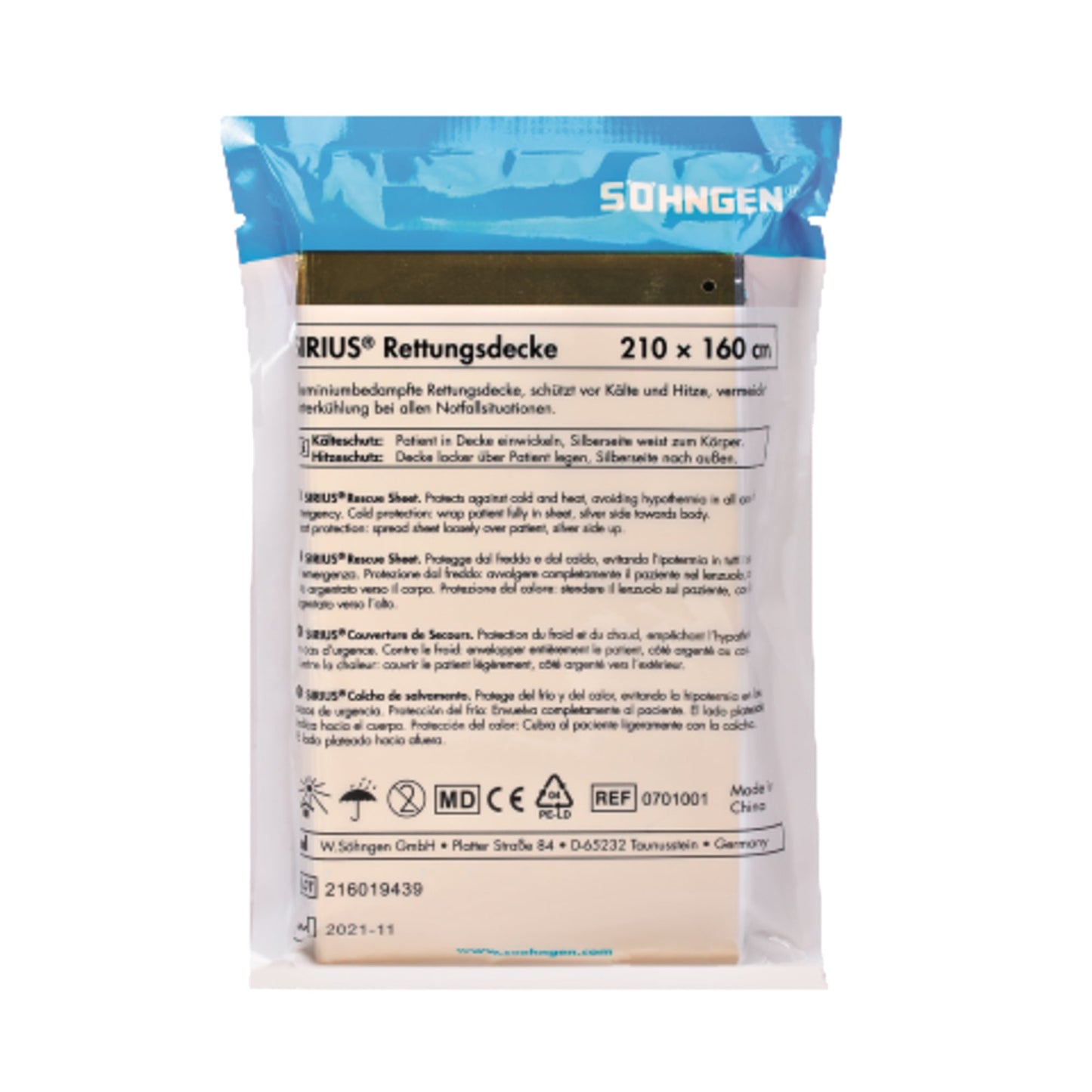 SIRIUS® Rettungsdecke 210 x 160 cm (B x H) Spezialfolie, aluminiumbedampft silber/gold