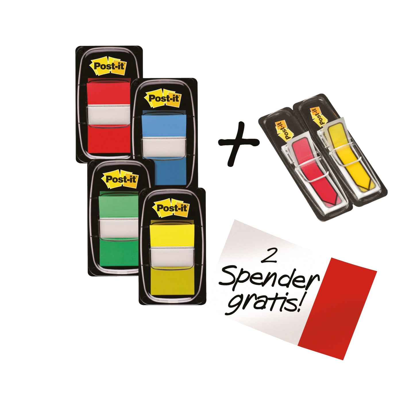 Post-it® Haftstreifen Index Standard 43,2 x 25,4 mm (B x H) inkl. 2 x 24 Post-it® Index Pfeile gratis rot, gelb, blau, grün 50 Bl./Block 6 Block/Pack.