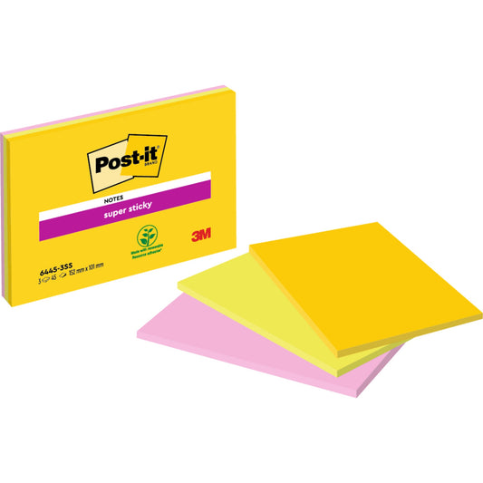 Post-it® Haftnotiz Super Sticky Meeting Notes 152 x 101 mm (B x H) je 1 x ultragelb, neongrün, tropicalpink 45 Bl./Block 3 Block/Pack.