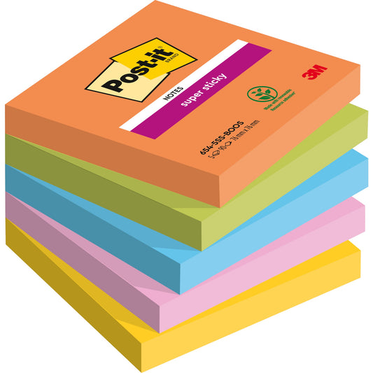Post-it® Haftnotiz Super Sticky Notes Boost Collection 76 x 76 mm (B x H) vitalorange, limonengrün, paradiseblau, tropicalpink, ultragelb 90 Bl./Block 5 Block/Pack.