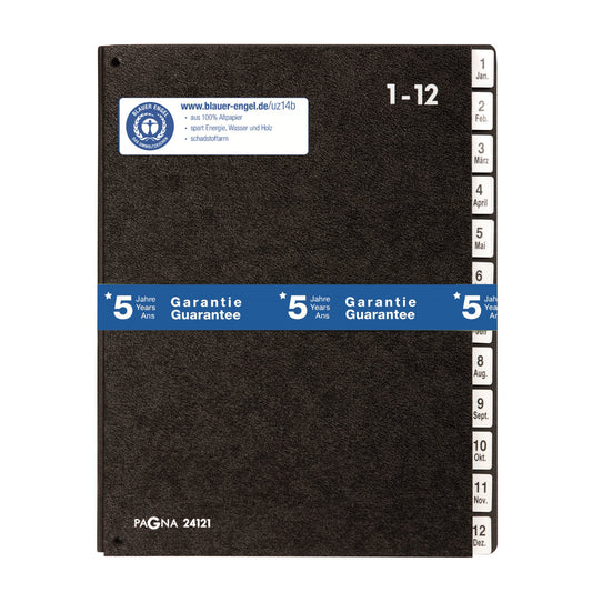 PAGNA Pultordner Classic DIN A4 1-12, Jan.-Dez. Hartpappe, 80 % recycelt schwarz 12 Fächer