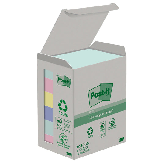 Post-it® Haftnotiz Recycling Notes Tower Pastell Rainbow 38 x 51 mm (B x H) je 2 x mint, flamingopink, je 1 x hellblau, gelb 100 Bl./Block 6 Block/Pack.