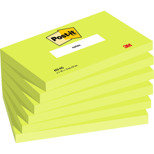 Post-it® Haftnotiz Neon Notes 127 x 76 mm (B x H) neongrün 100 Bl./Block 6 Block/Pack.