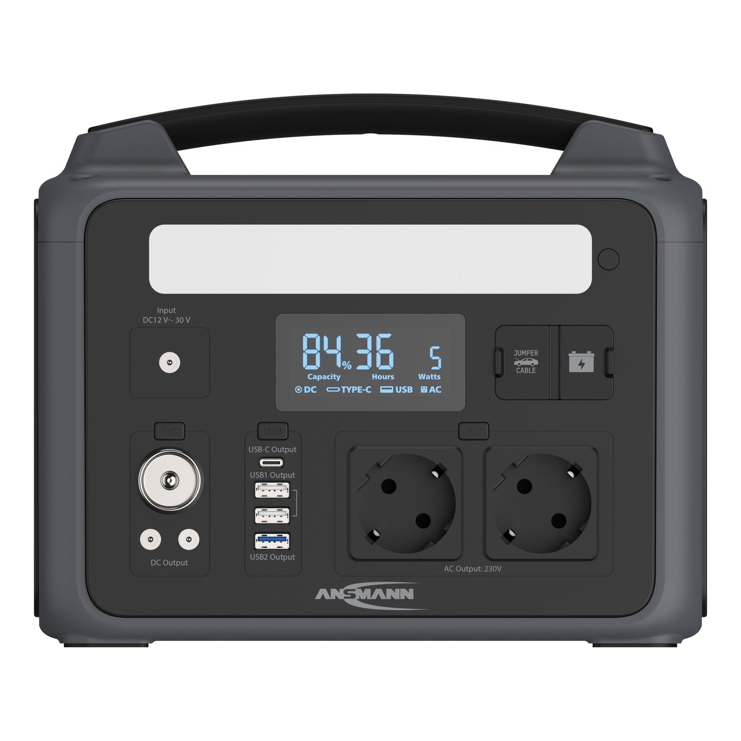 ANSMANN Powerstation PS600AC 260 x 220 x 200 mm (B x H x T) Anschlussart: 2 x AC-Steckdosen, 2 x USB-A, 1 x USB-A QC, 1 x USB-C PD, 1 x Autoadapter, 2 x DC5521,12 V/10 A, max. 120 W, 1 x Jump-Starter 12 V Leistungsaufnahme: 100W
