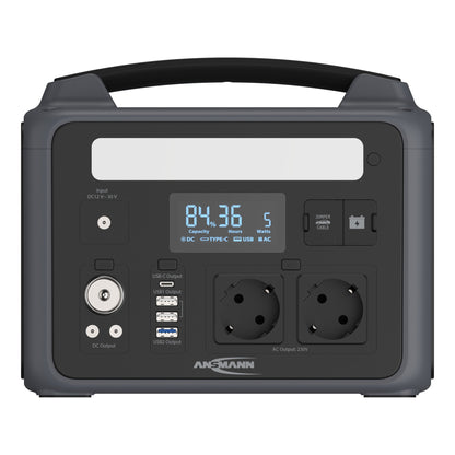 ANSMANN Powerstation PS600AC 260 x 220 x 200 mm (B x H x T) Anschlussart: 2 x AC-Steckdosen, 2 x USB-A, 1 x USB-A QC, 1 x USB-C PD, 1 x Autoadapter, 2 x DC5521,12 V/10 A, max. 120 W, 1 x Jump-Starter 12 V Leistungsaufnahme: 100W