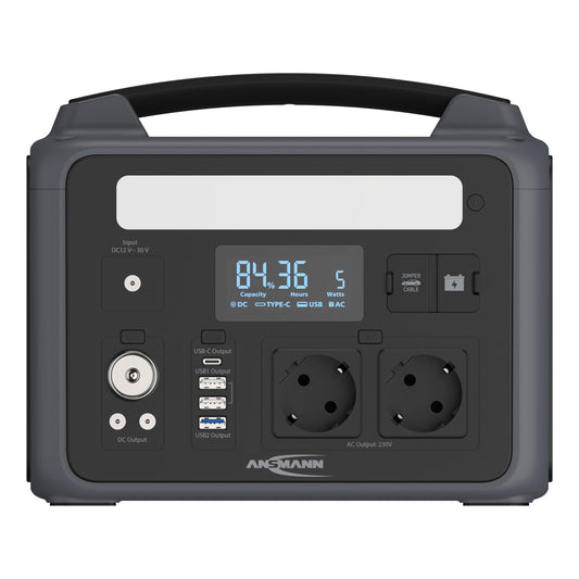 ANSMANN Powerstation PS600AC 260 x 220 x 200 mm (B x H x T) Anschlussart: 2 x AC-Steckdosen, 2 x USB-A, 1 x USB-A QC, 1 x USB-C PD, 1 x Autoadapter, 2 x DC5521,12 V/10 A, max. 120 W, 1 x Jump-Starter 12 V Leistungsaufnahme: 100W