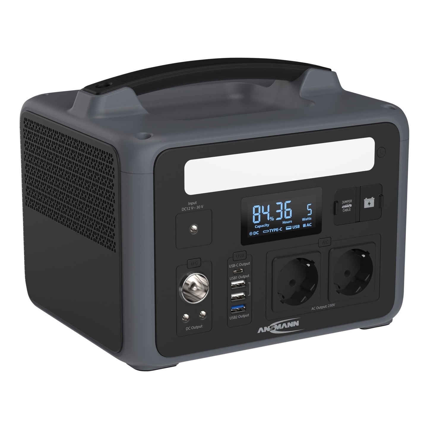 ANSMANN Powerstation PS600AC 260 x 220 x 200 mm (B x H x T) Anschlussart: 2 x AC-Steckdosen, 2 x USB-A, 1 x USB-A QC, 1 x USB-C PD, 1 x Autoadapter, 2 x DC5521,12 V/10 A, max. 120 W, 1 x Jump-Starter 12 V Leistungsaufnahme: 100W